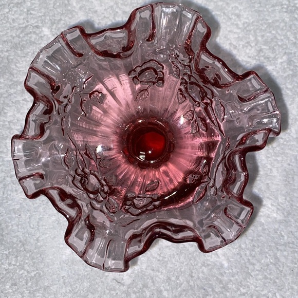 Vintage Fenton Art Glass Cabbage Rose Pink Ruffled Pedestal Compote Candy Dish - Picture 5 of 9